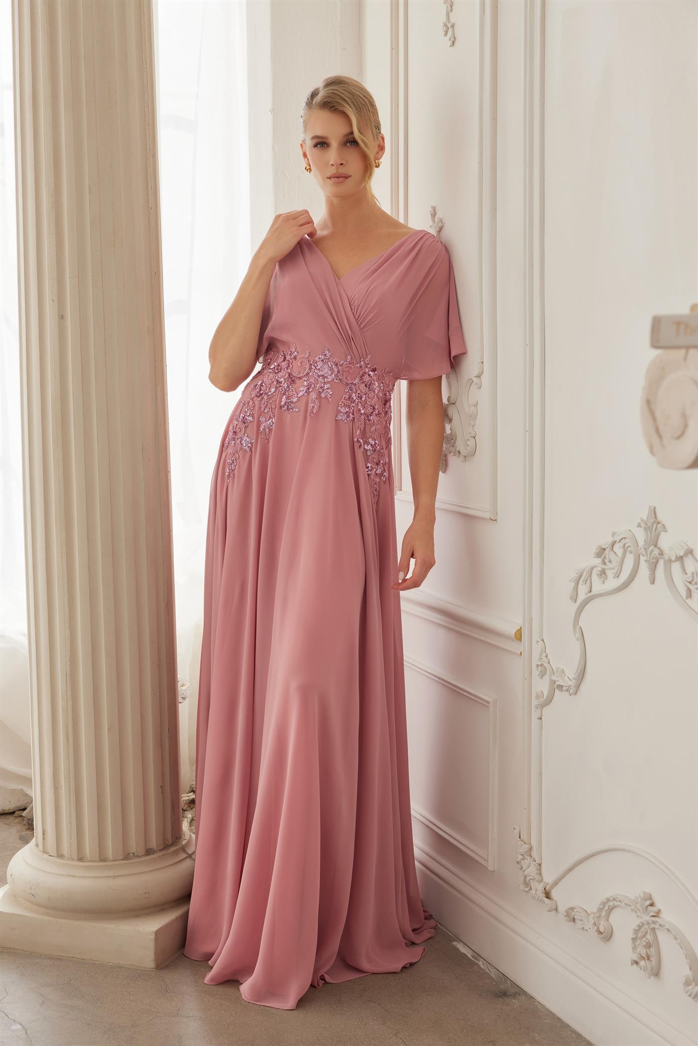 Flutter Sleeve V-Neckline Beaded Embroidered Waist A-Line Evening Gown by Nox Anabel ME152