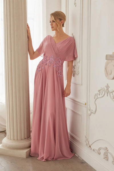 Flutter Sleeve V-Neckline Beaded Embroidered Waist A-Line Evening Gown by Nox Anabel ME152