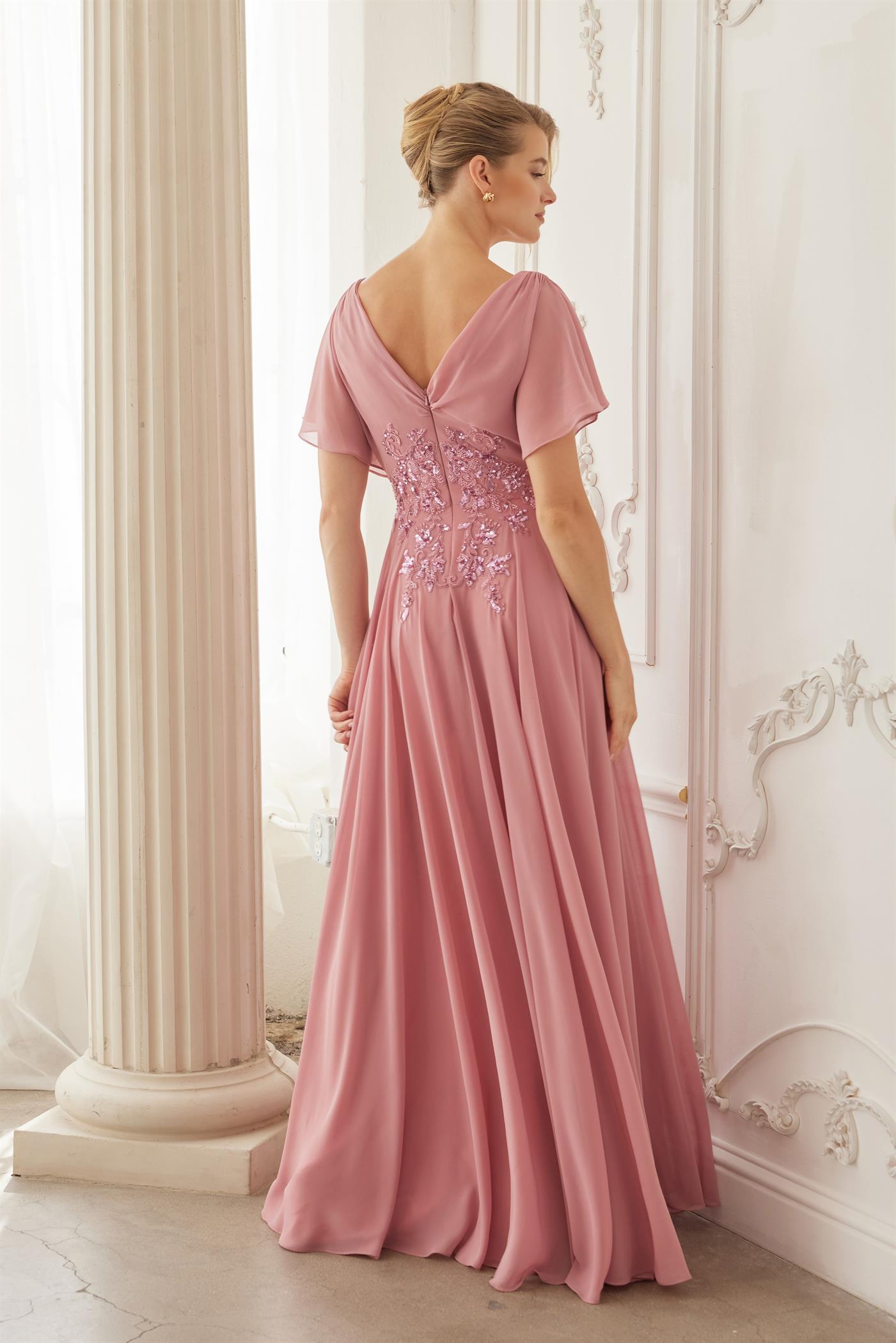 Flutter Sleeve V-Neckline Beaded Embroidered Waist A-Line Evening Gown by Nox Anabel ME152