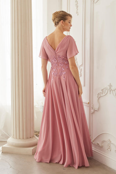 Flutter Sleeve V-Neckline Beaded Embroidered Waist A-Line Evening Gown by Nox Anabel ME152