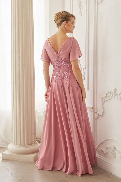 Flutter Sleeve V-Neckline Beaded Embroidered Waist A-Line Evening Gown by Nox Anabel ME152