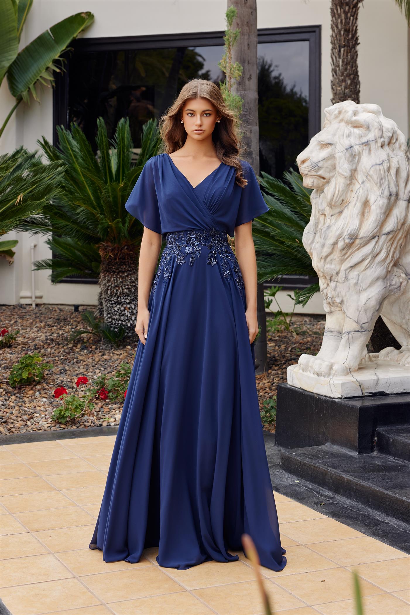 Flutter Sleeve V-Neckline Beaded Embroidered Waist A-Line Evening Gown by Nox Anabel ME152