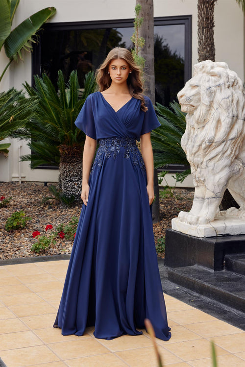 Flutter Sleeve V-Neckline Beaded Embroidered Waist A-Line Evening Gown by Nox Anabel ME152