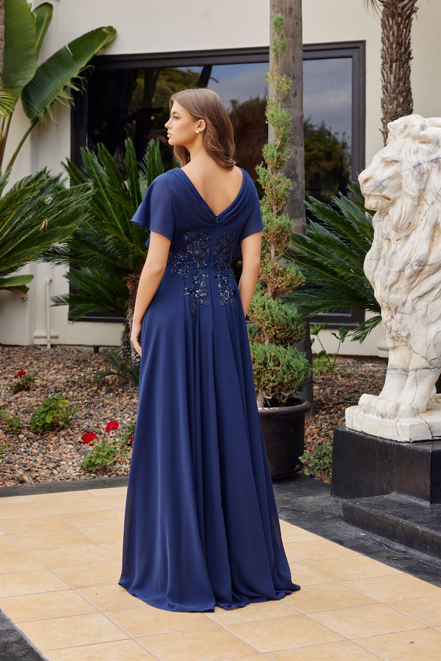 Flutter Sleeve V-Neckline Beaded Embroidered Waist A-Line Evening Gown by Nox Anabel ME152