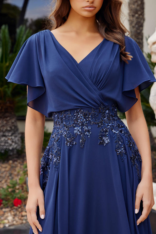 Flutter Sleeve V-Neckline Beaded Embroidered Waist A-Line Evening Gown by Nox Anabel ME152