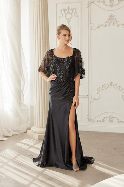 Scoop Neck Embroidered Sequin Trumpet Evening Gown with Sheer Cape Sleeves by Nox Anabel ME153