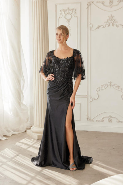 Scoop Neck Embroidered Sequin Trumpet Evening Gown with Sheer Cape Sleeves by Nox Anabel ME153