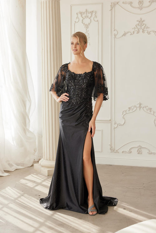 Scoop Neck Embroidered Sequin Trumpet Evening Gown with Sheer Cape Sleeves by Nox Anabel ME153