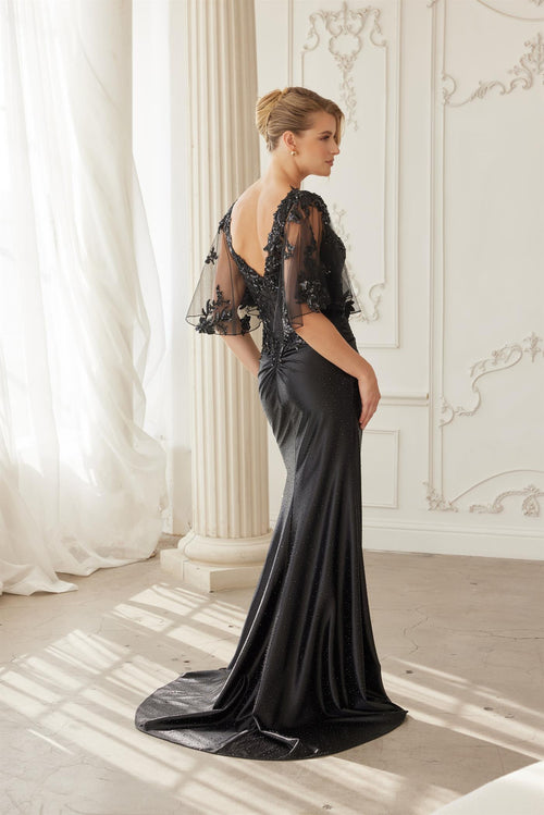 Scoop Neck Embroidered Sequin Trumpet Evening Gown with Sheer Cape Sleeves by Nox Anabel ME153