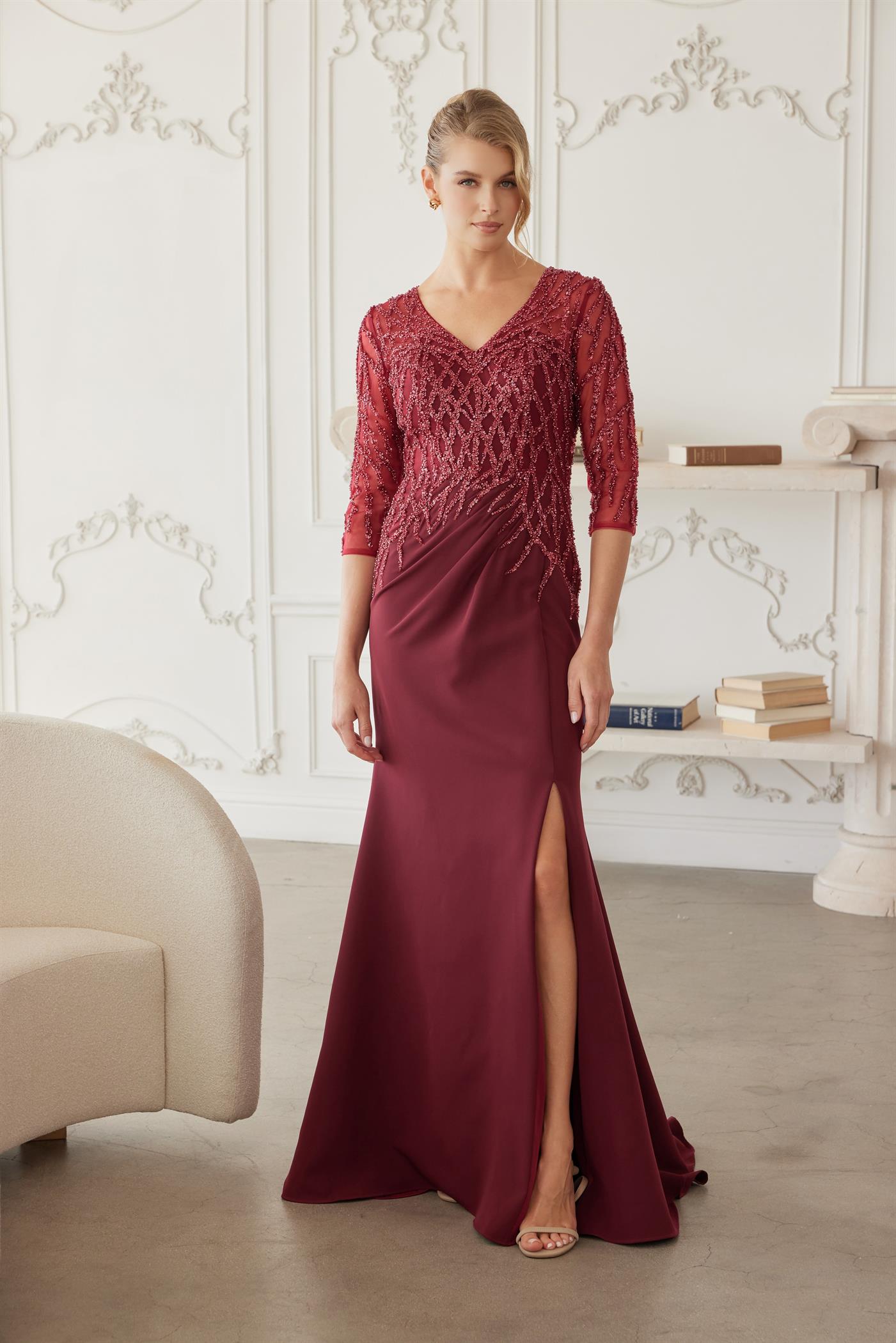 Sheer Three-Quarter Sleeve Stretch Satin Trumpet Mother of the Bride Gown by Nox Anabel MH161