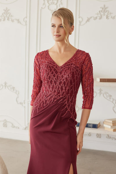 Sheer Three-Quarter Sleeve Stretch Satin Trumpet Mother of the Bride Gown by Nox Anabel MH161