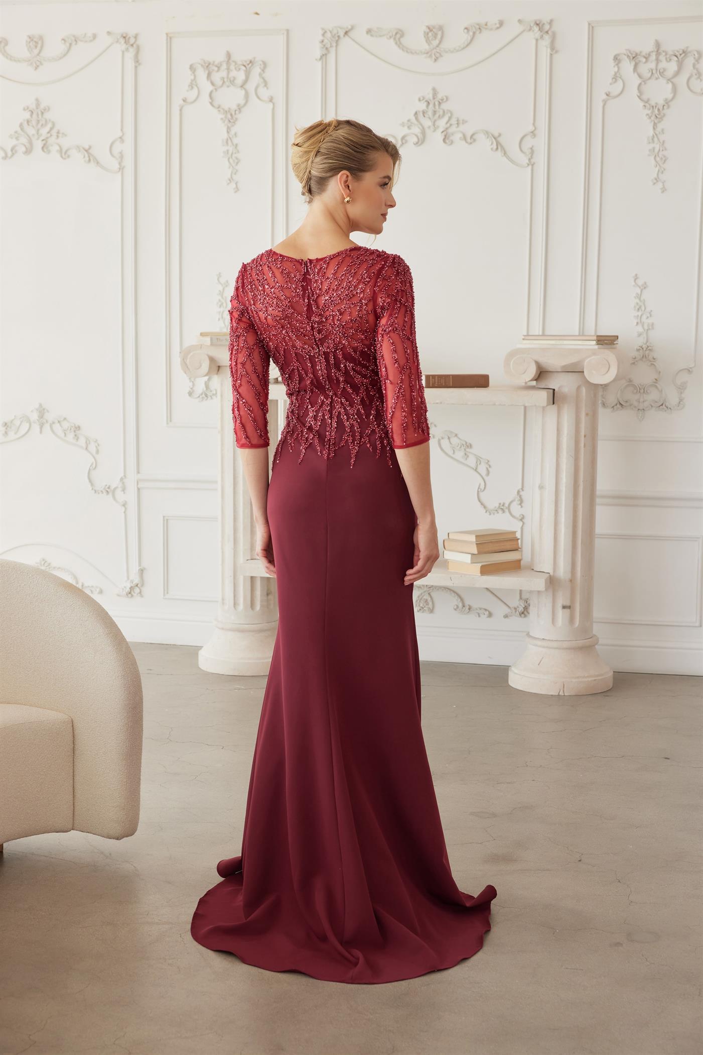 Sheer Three-Quarter Sleeve Stretch Satin Trumpet Mother of the Bride Gown by Nox Anabel MH161
