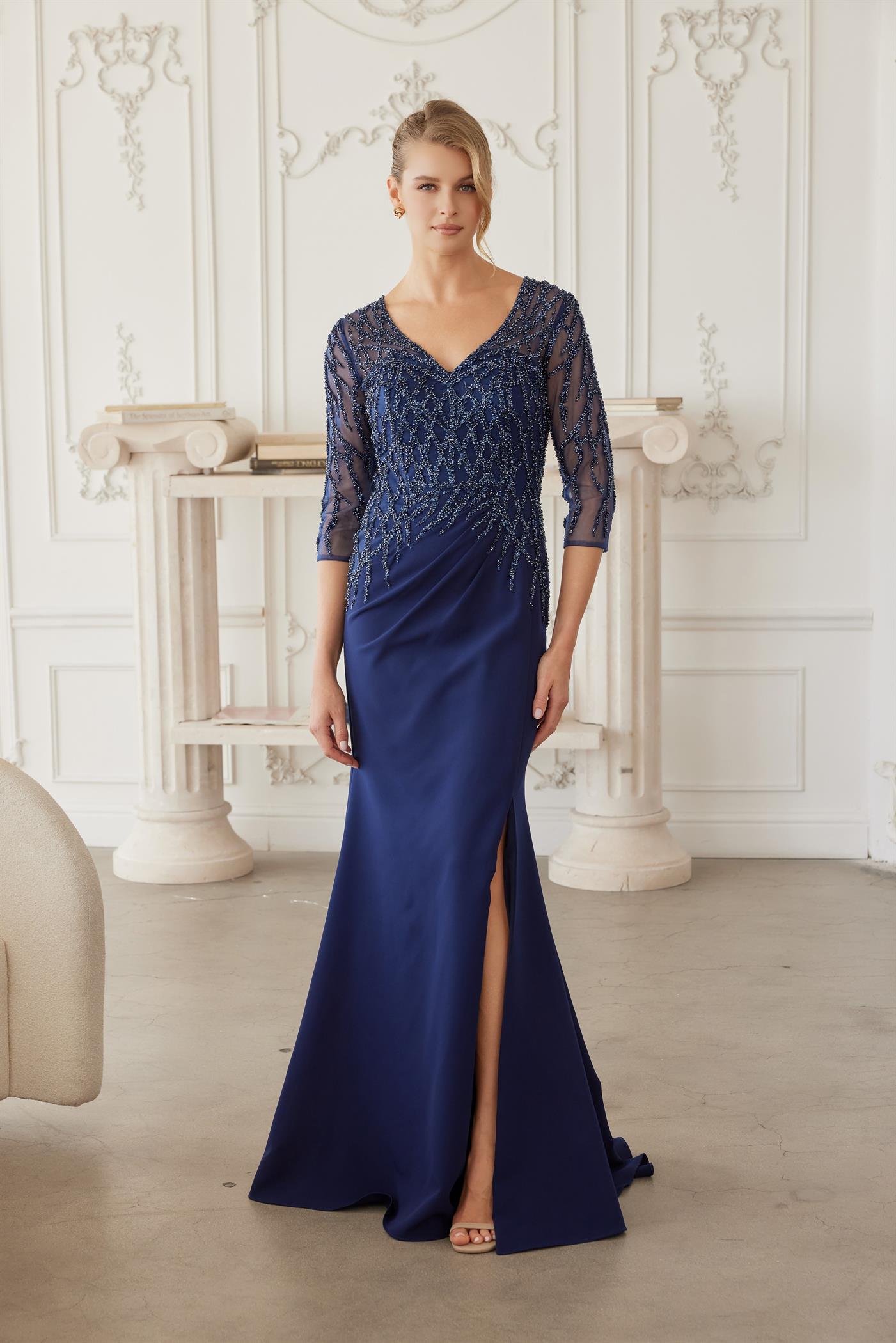 Sheer Three-Quarter Sleeve Stretch Satin Trumpet Mother of the Bride Gown by Nox Anabel MH161