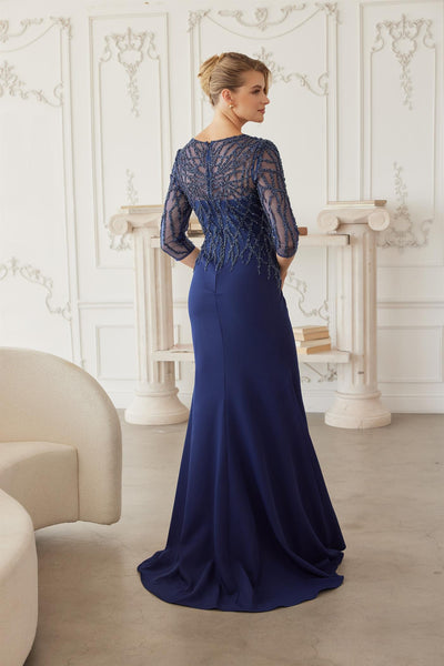 Sheer Three-Quarter Sleeve Stretch Satin Trumpet Mother of the Bride Gown by Nox Anabel MH161