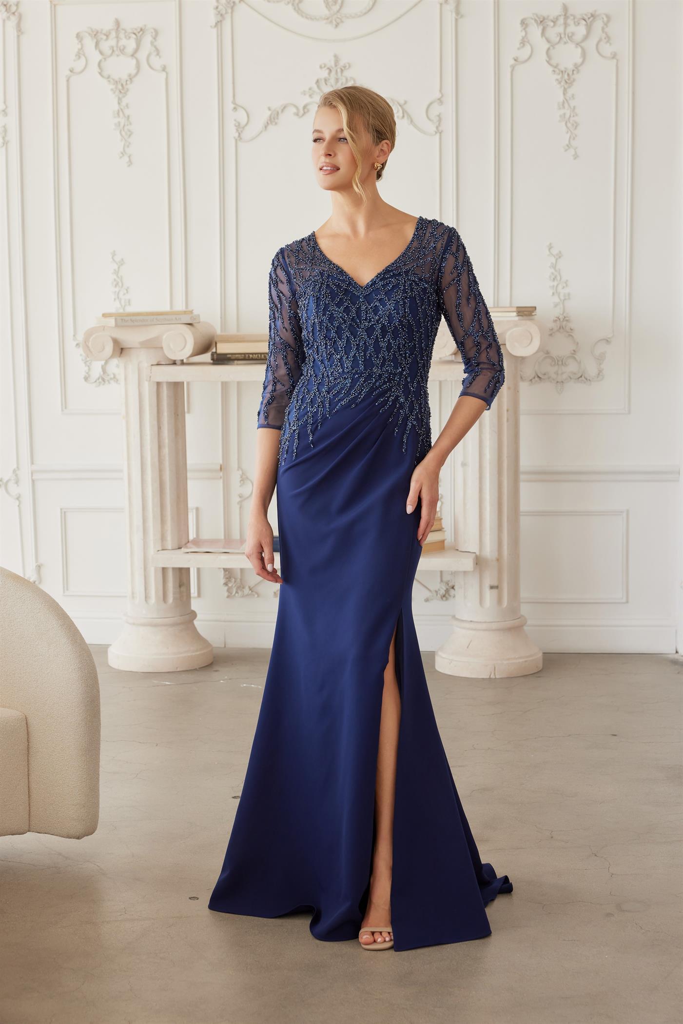 Sheer Three-Quarter Sleeve Stretch Satin Trumpet Mother of the Bride Gown by Nox Anabel MH161