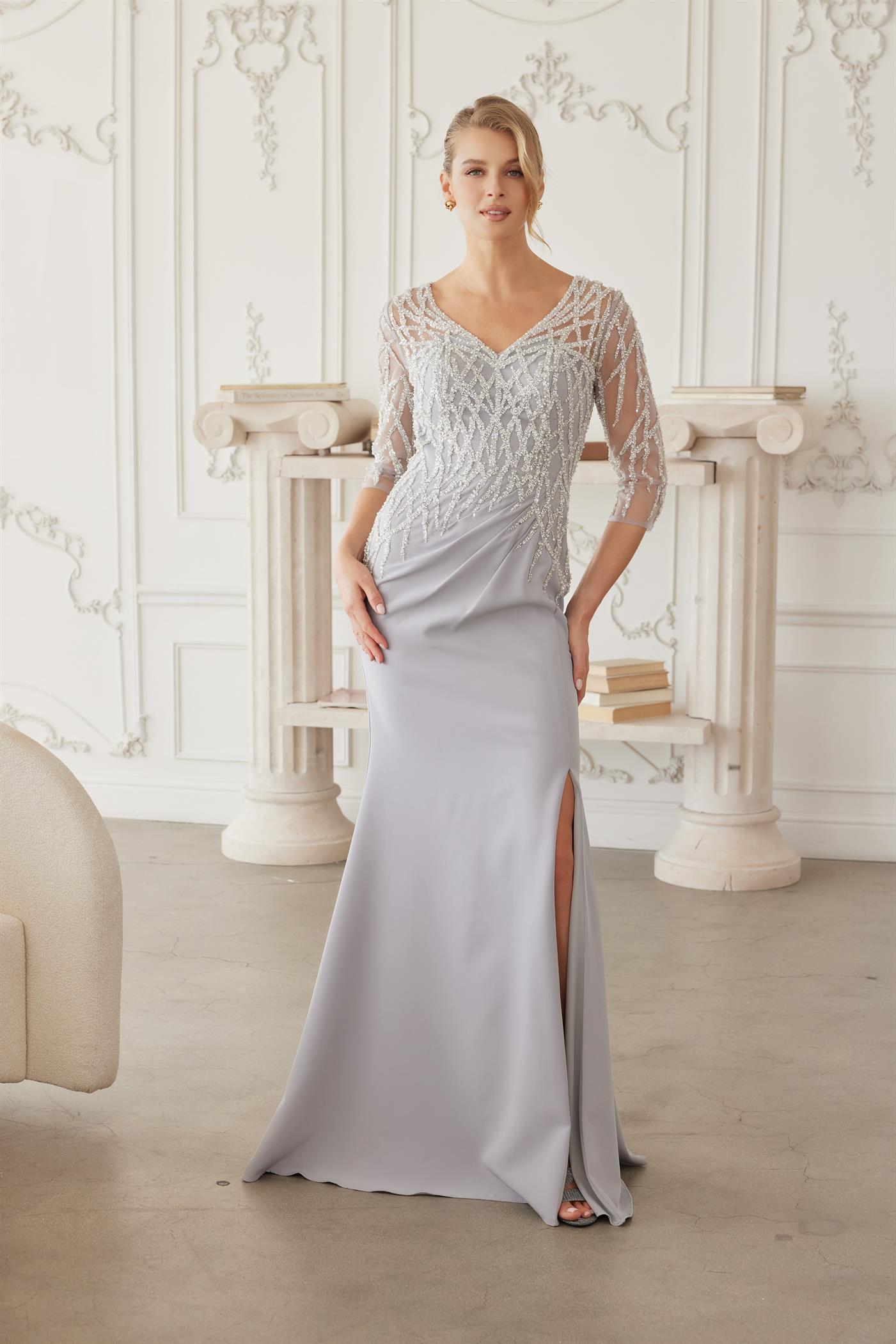 Sheer Three-Quarter Sleeve Stretch Satin Trumpet Mother of the Bride Gown by Nox Anabel MH161