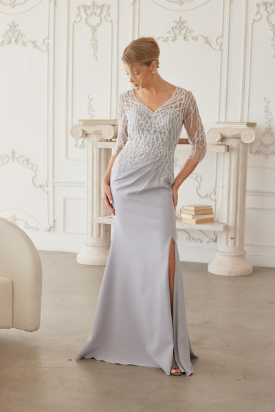 Sheer Three-Quarter Sleeve Stretch Satin Trumpet Mother of the Bride Gown by Nox Anabel MH161