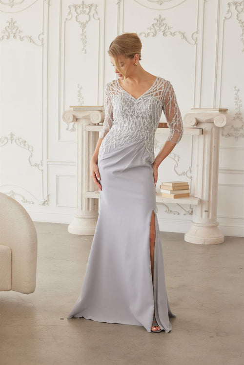 Sheer Three-Quarter Sleeve Stretch Satin Trumpet Mother of the Bride Gown by Nox Anabel MH161