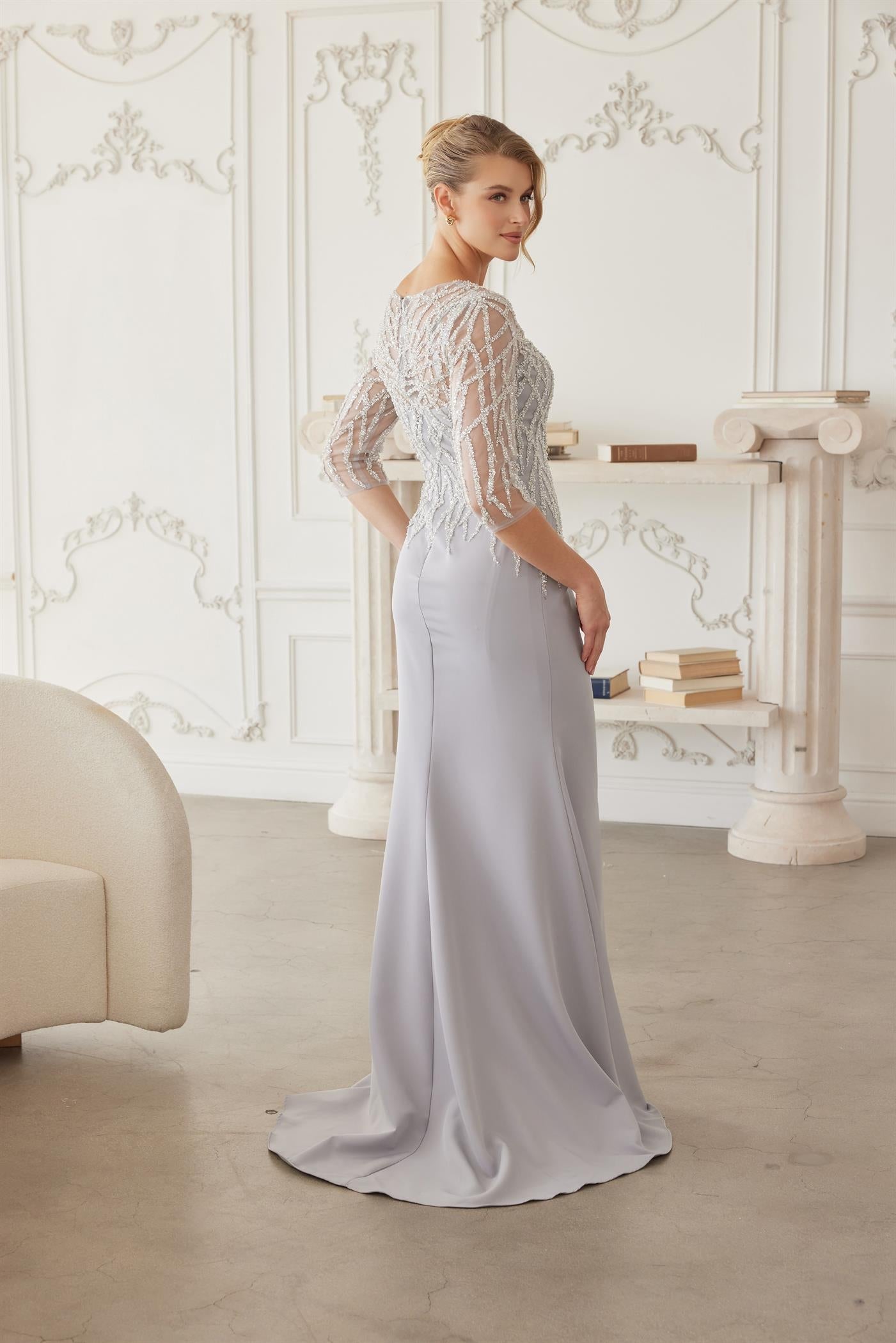 Sheer Three-Quarter Sleeve Stretch Satin Trumpet Mother of the Bride Gown by Nox Anabel MH161