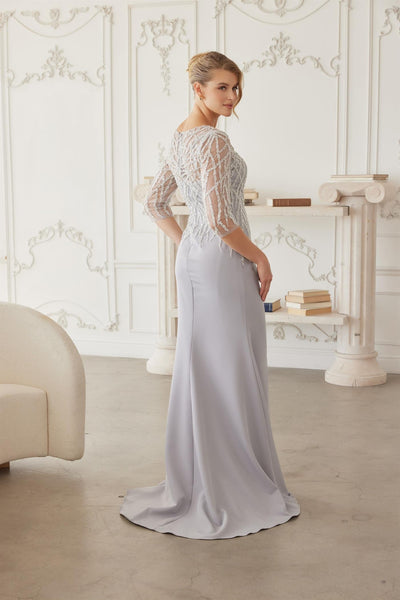 Sheer Three-Quarter Sleeve Stretch Satin Trumpet Mother of the Bride Gown by Nox Anabel MH161