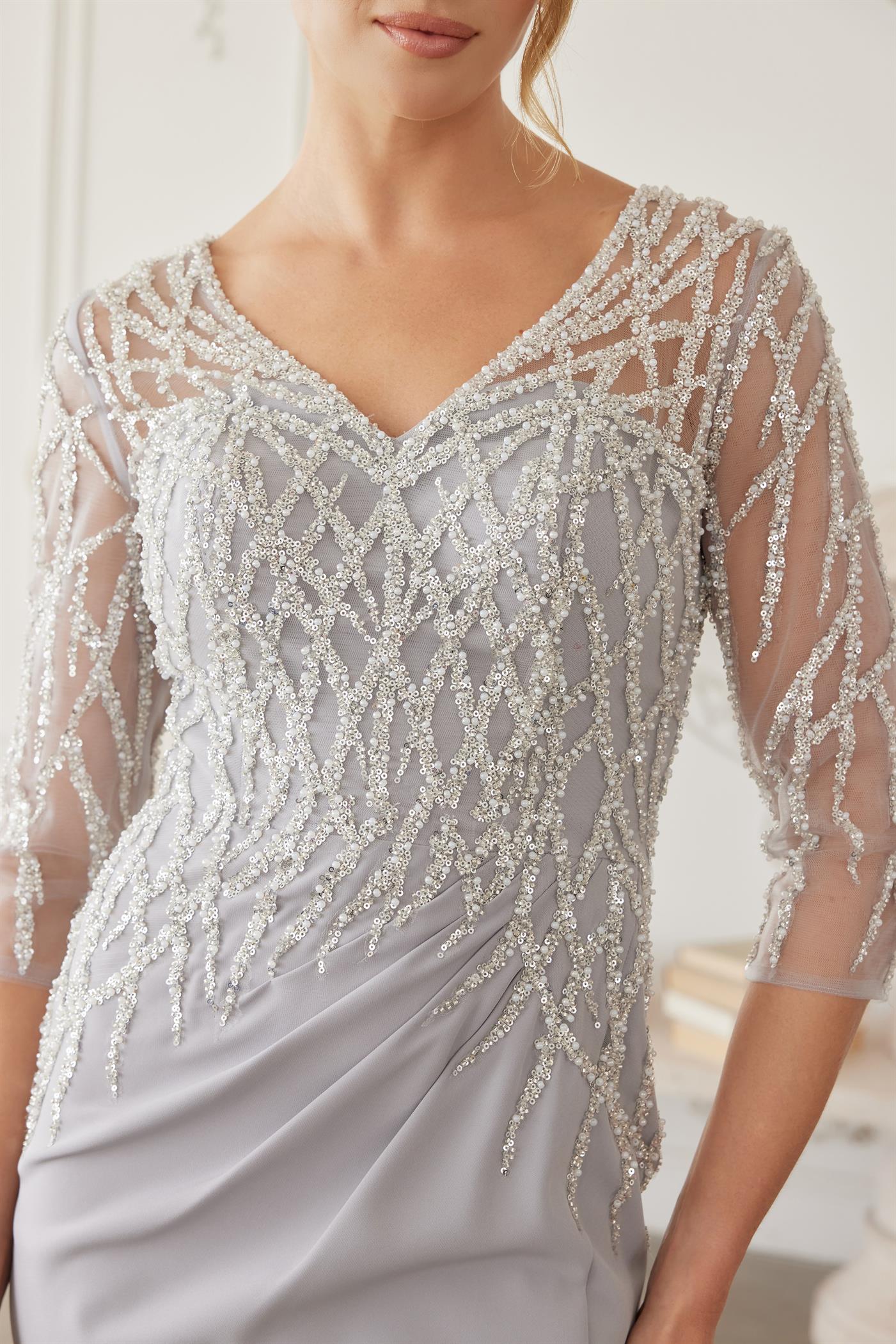 Sheer Three-Quarter Sleeve Stretch Satin Trumpet Mother of the Bride Gown by Nox Anabel MH161