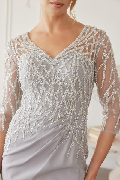Sheer Three-Quarter Sleeve Stretch Satin Trumpet Mother of the Bride Gown by Nox Anabel MH161