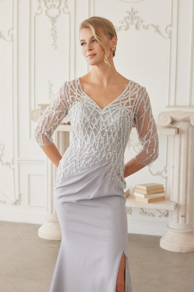 Sheer Three-Quarter Sleeve Stretch Satin Trumpet Mother of the Bride Gown by Nox Anabel MH161