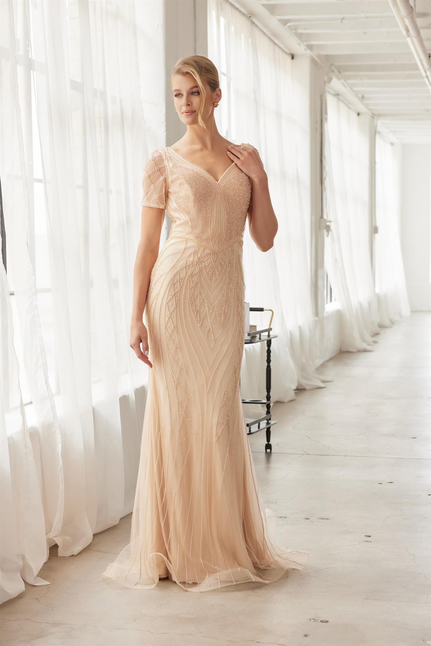 Heavy Beading V-Neckline Short Sleeves Sweep Train Trumpet Evening Gown by Nox Anabel MH162