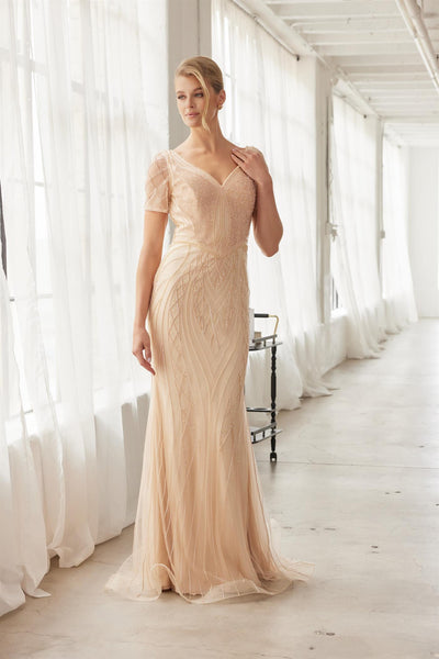 Heavy Beading V-Neckline Short Sleeves Sweep Train Trumpet Evening Gown by Nox Anabel MH162