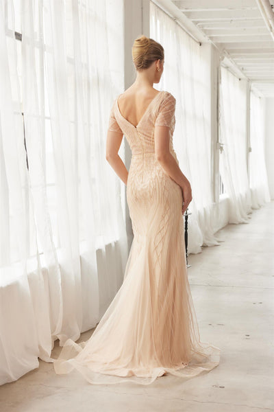 Heavy Beading V-Neckline Short Sleeves Sweep Train Trumpet Evening Gown by Nox Anabel MH162