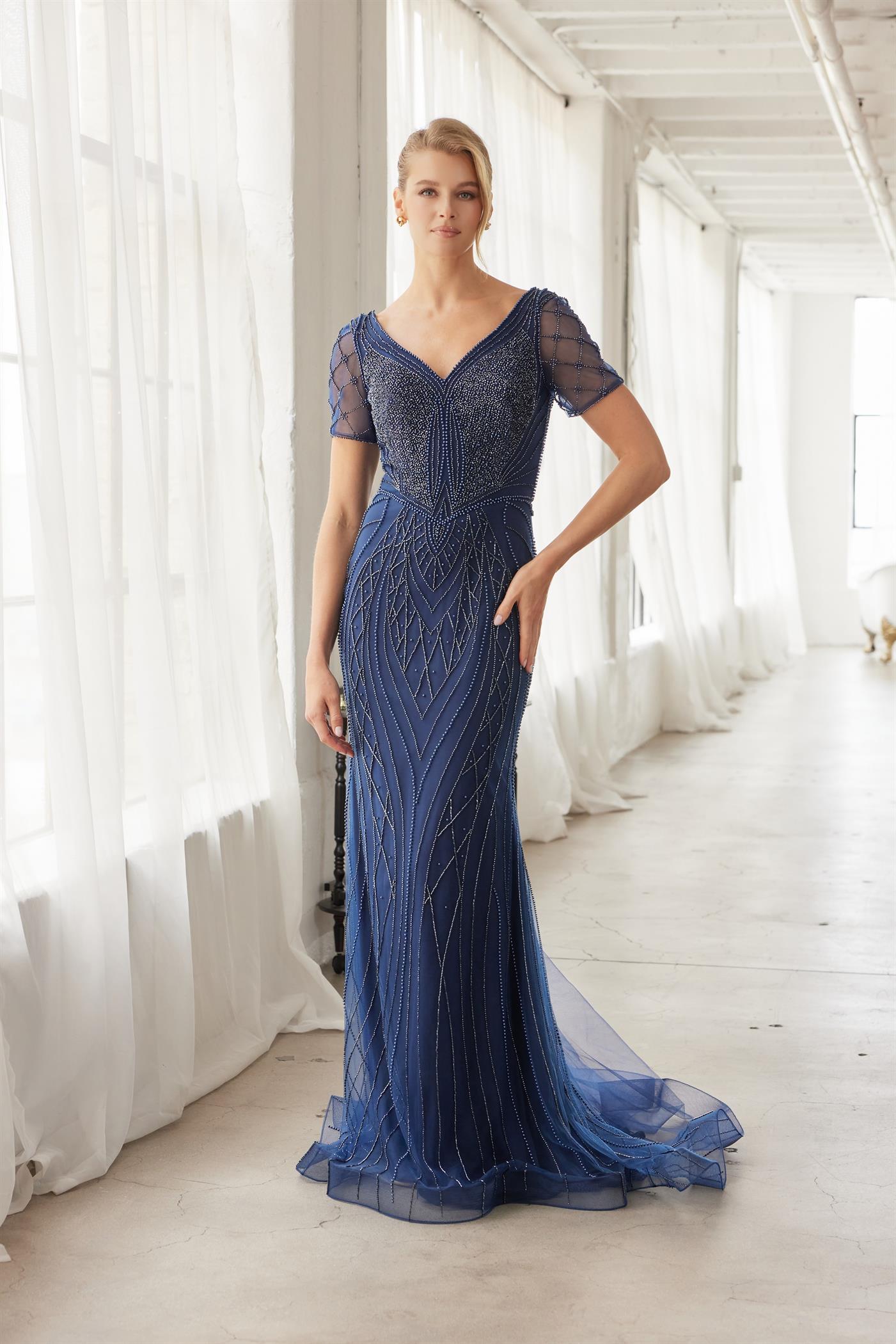 Heavy Beading V-Neckline Short Sleeves Sweep Train Trumpet Evening Gown by Nox Anabel MH162