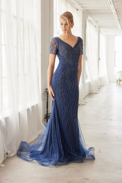 Heavy Beading V-Neckline Short Sleeves Sweep Train Trumpet Evening Gown by Nox Anabel MH162