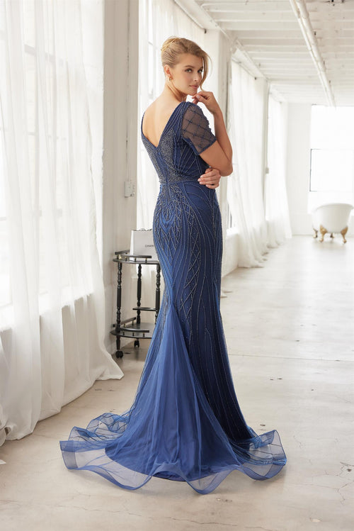 Heavy Beading V-Neckline Short Sleeves Sweep Train Trumpet Evening Gown by Nox Anabel MH162