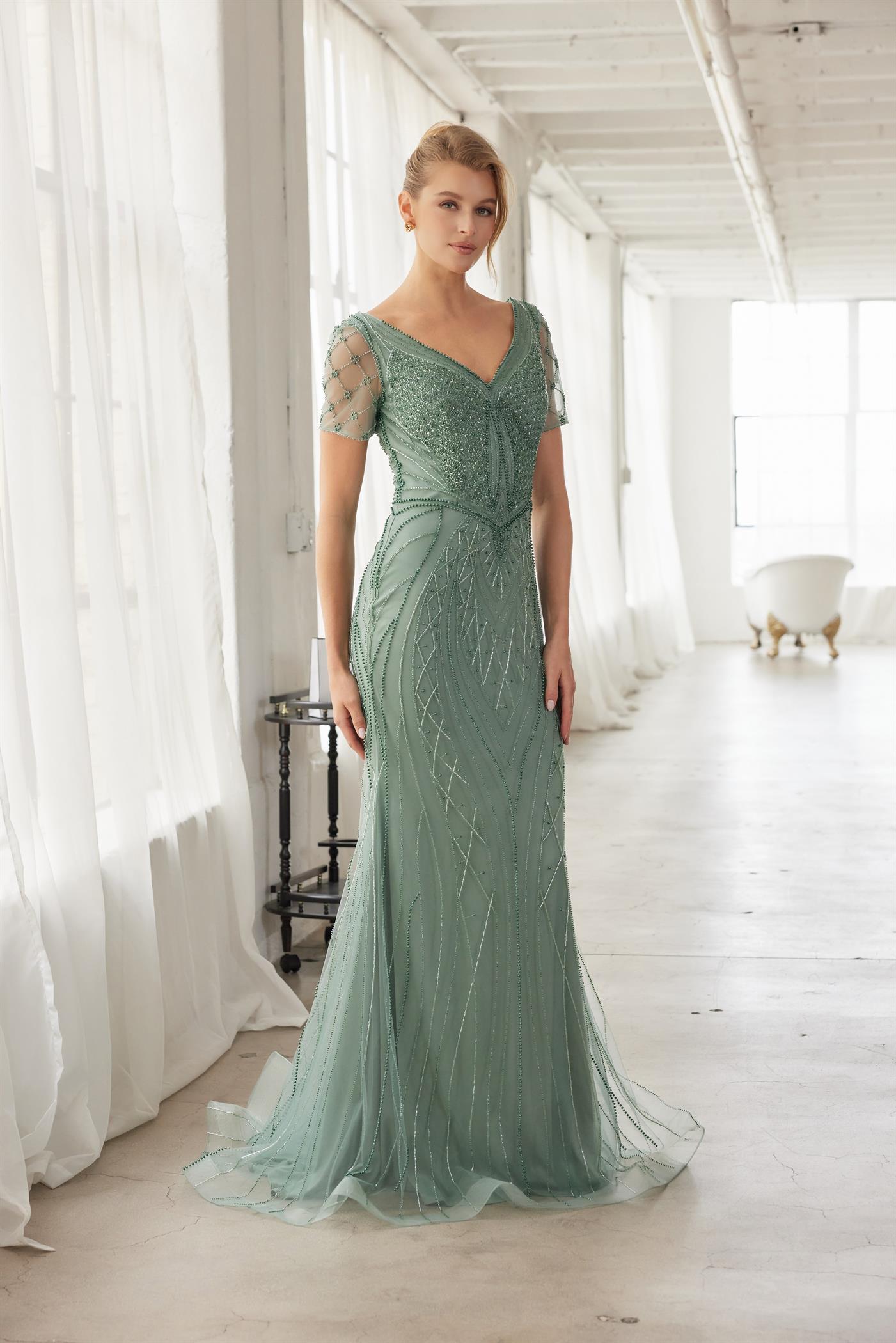 Heavy Beading V-Neckline Short Sleeves Sweep Train Trumpet Evening Gown by Nox Anabel MH162
