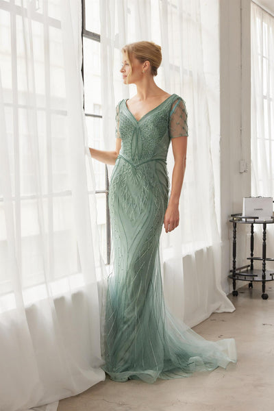 Heavy Beading V-Neckline Short Sleeves Sweep Train Trumpet Evening Gown by Nox Anabel MH162