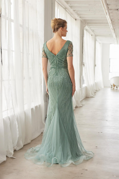 Heavy Beading V-Neckline Short Sleeves Sweep Train Trumpet Evening Gown by Nox Anabel MH162