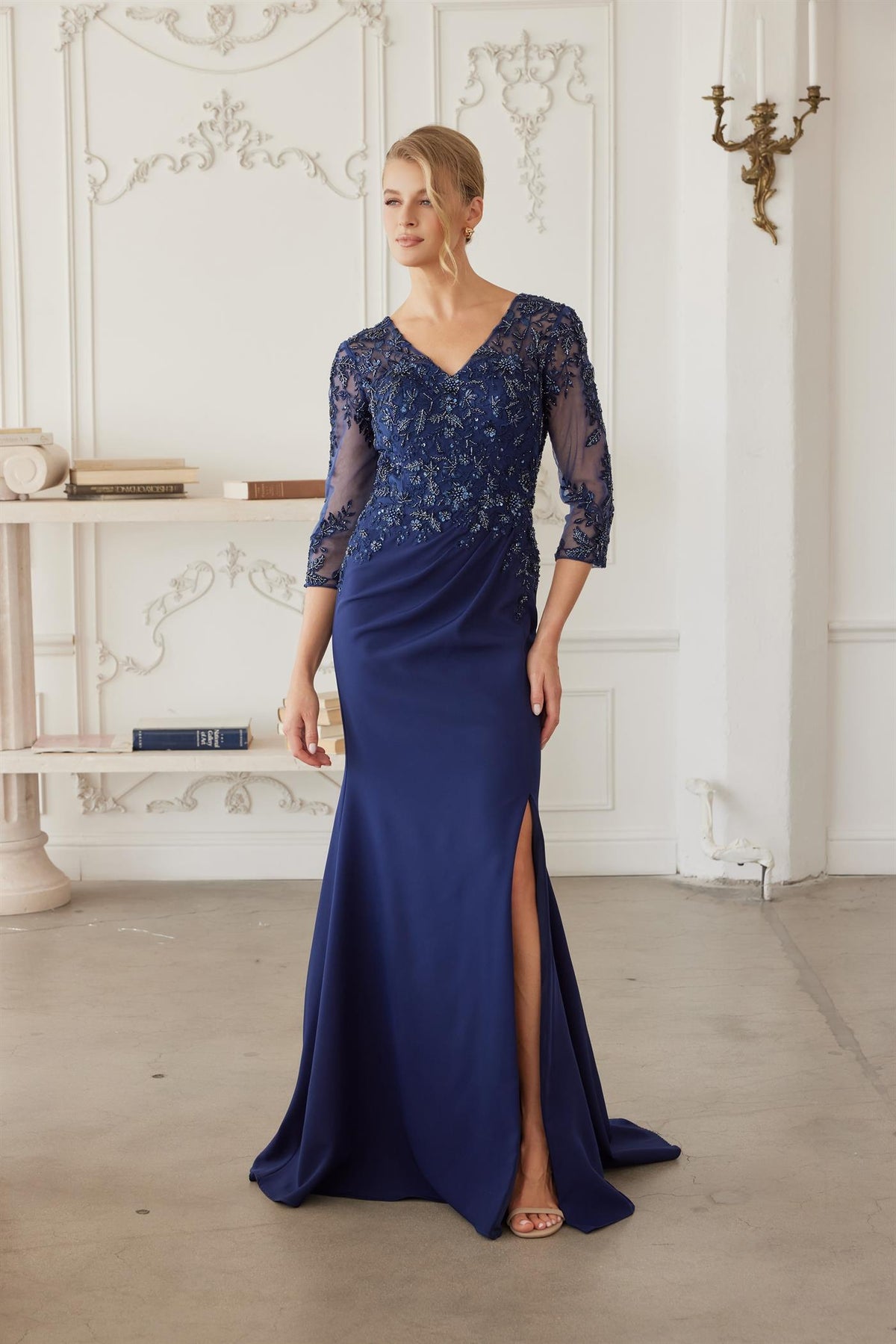 Sequined Embroidered Bodice Trumpet Evening Gown with Three-Quarter Sleeves by Nox Anabel MH163