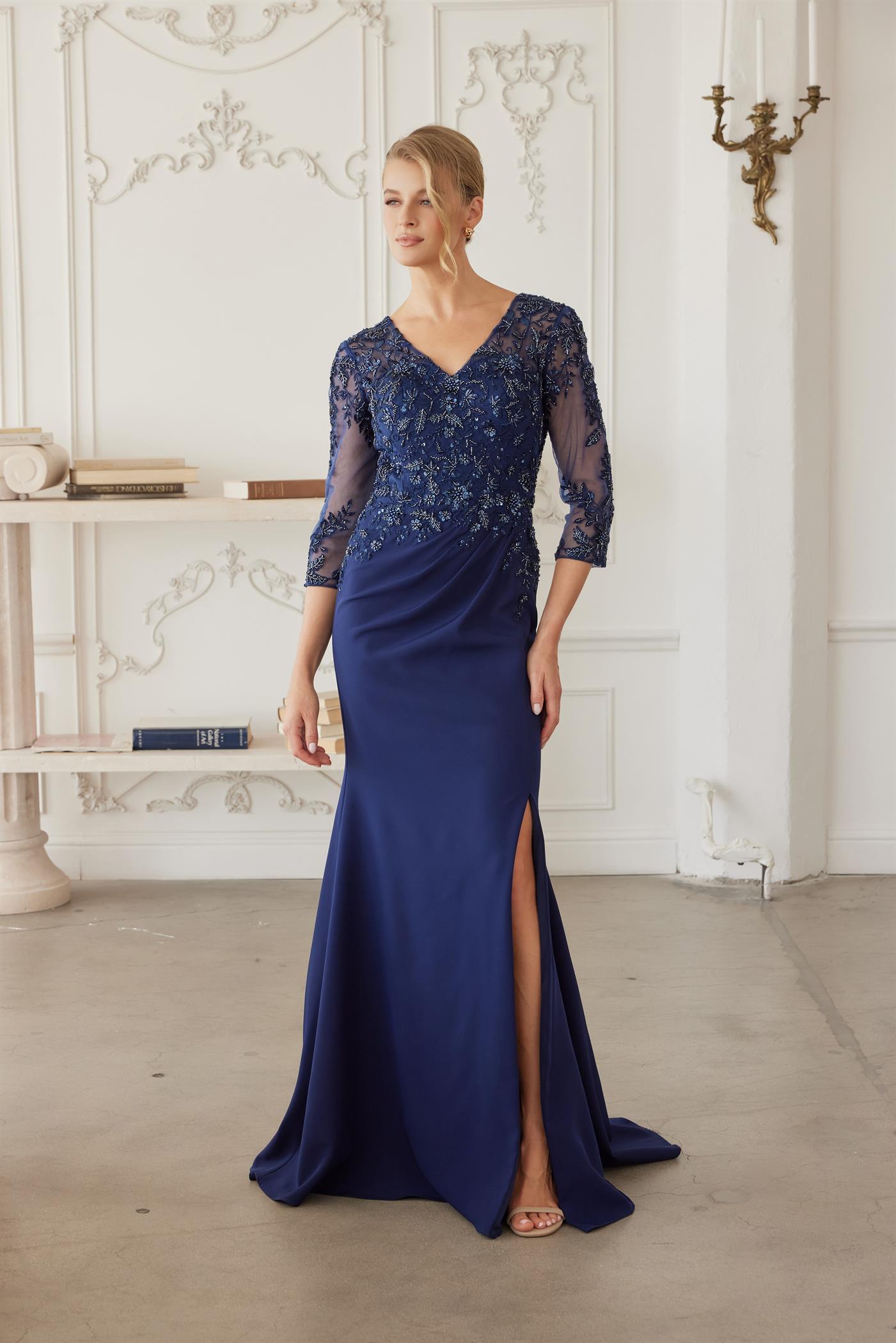 Sequined Embroidered Bodice Trumpet Evening Gown with Three-Quarter Sleeves by Nox Anabel MH163