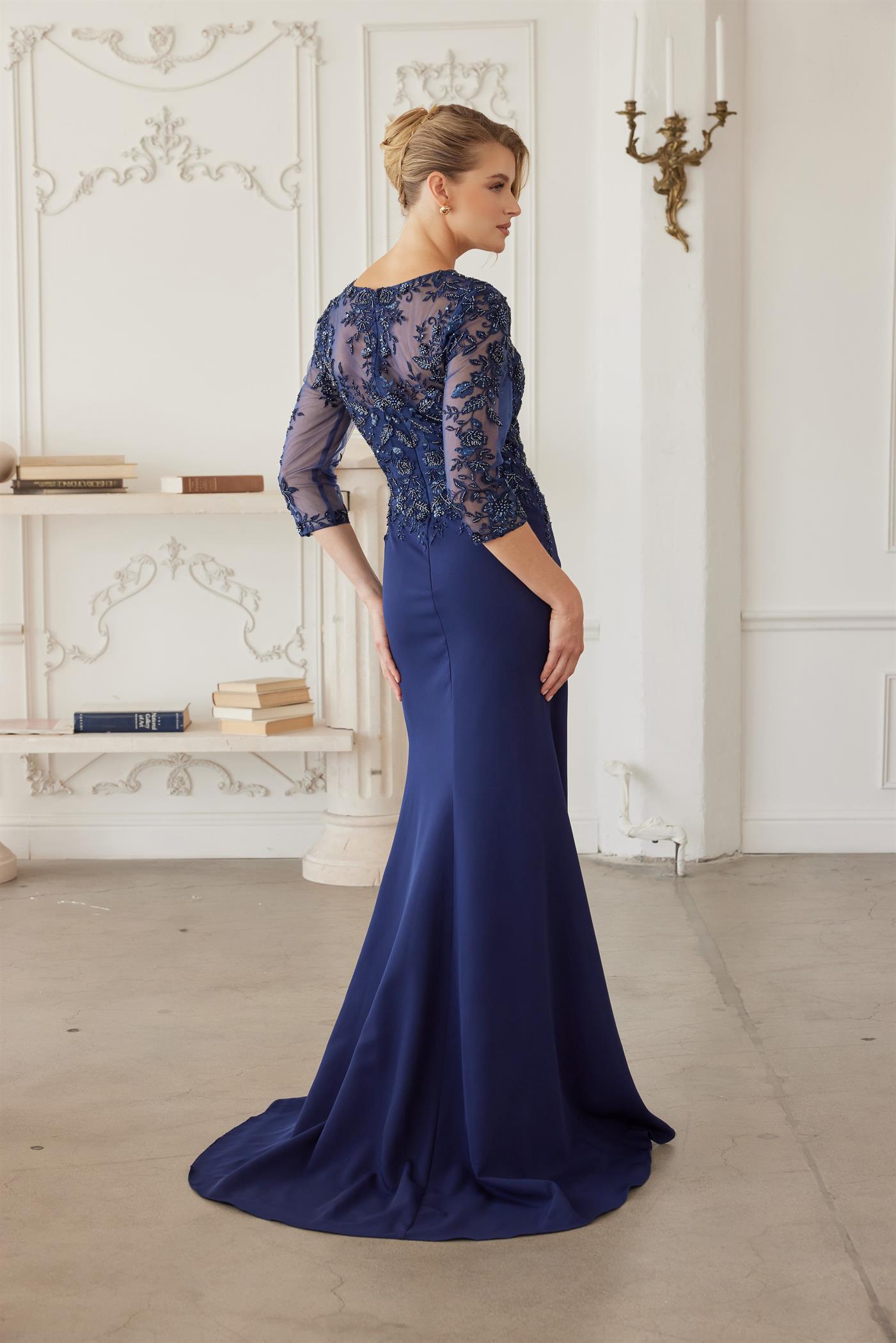 Sequined Embroidered Bodice Trumpet Evening Gown with Three-Quarter Sleeves by Nox Anabel MH163