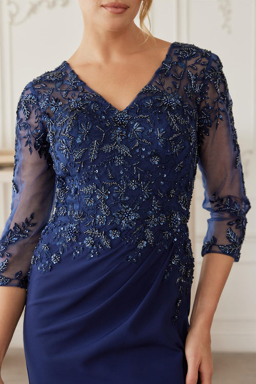 Sequined Embroidered Bodice Trumpet Evening Gown with Three-Quarter Sleeves by Nox Anabel MH163