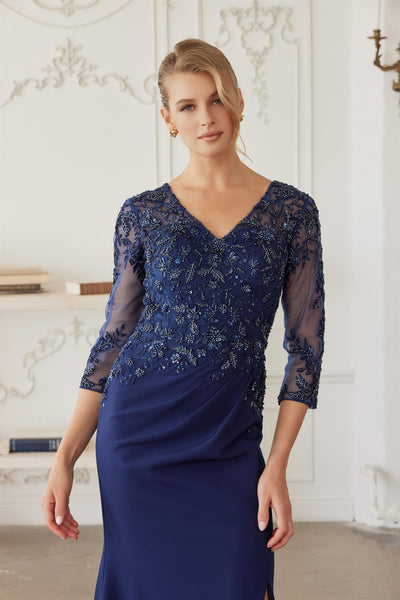Sequined Embroidered Bodice Trumpet Evening Gown with Three-Quarter Sleeves by Nox Anabel MH163