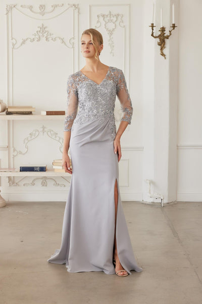 Sequined Embroidered Bodice Trumpet Evening Gown with Three-Quarter Sleeves by Nox Anabel MH163
