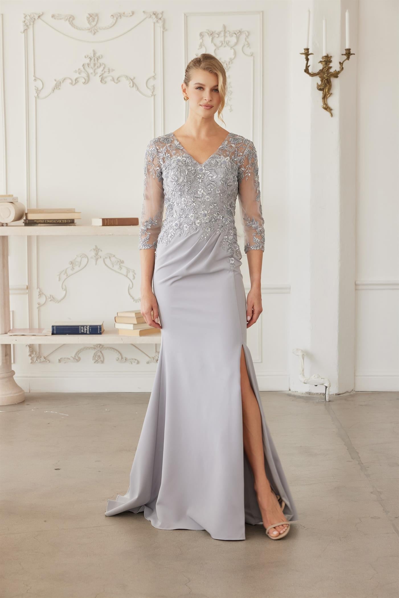 Sequined Embroidered Bodice Trumpet Evening Gown with Three-Quarter Sleeves by Nox Anabel MH163