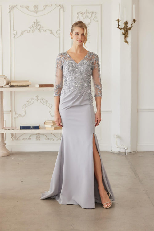 Sequined Embroidered Bodice Trumpet Evening Gown with Three-Quarter Sleeves by Nox Anabel MH163