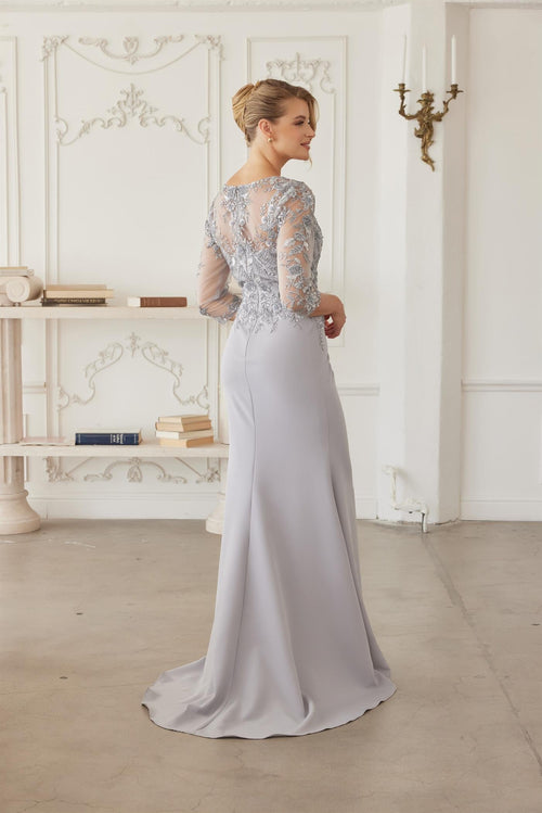 Sequined Embroidered Bodice Trumpet Evening Gown with Three-Quarter Sleeves by Nox Anabel MH163
