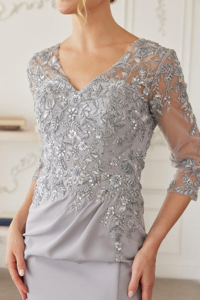 Sequined Embroidered Bodice Trumpet Evening Gown with Three-Quarter Sleeves by Nox Anabel MH163