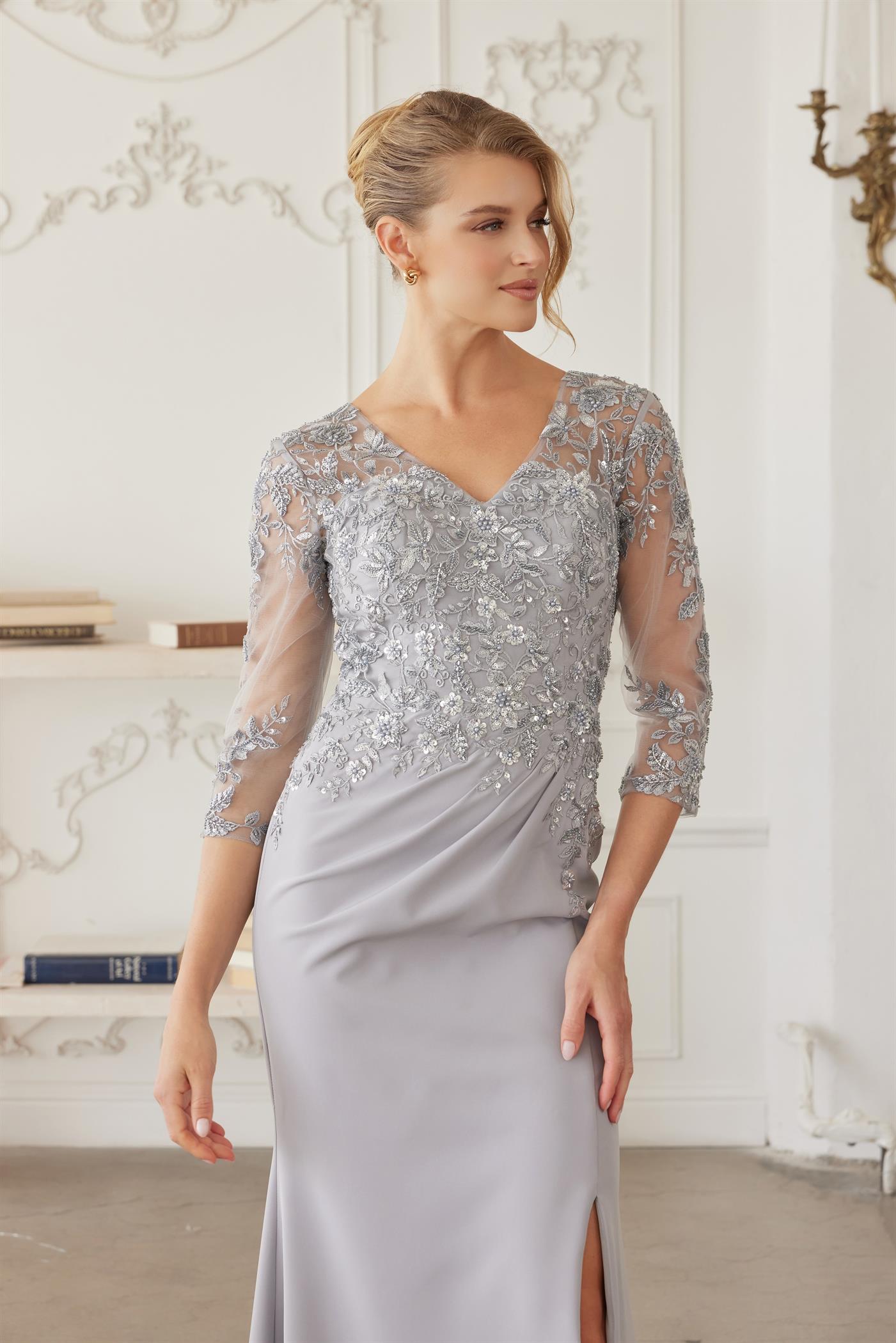 Sequined Embroidered Bodice Trumpet Evening Gown with Three-Quarter Sleeves by Nox Anabel MH163