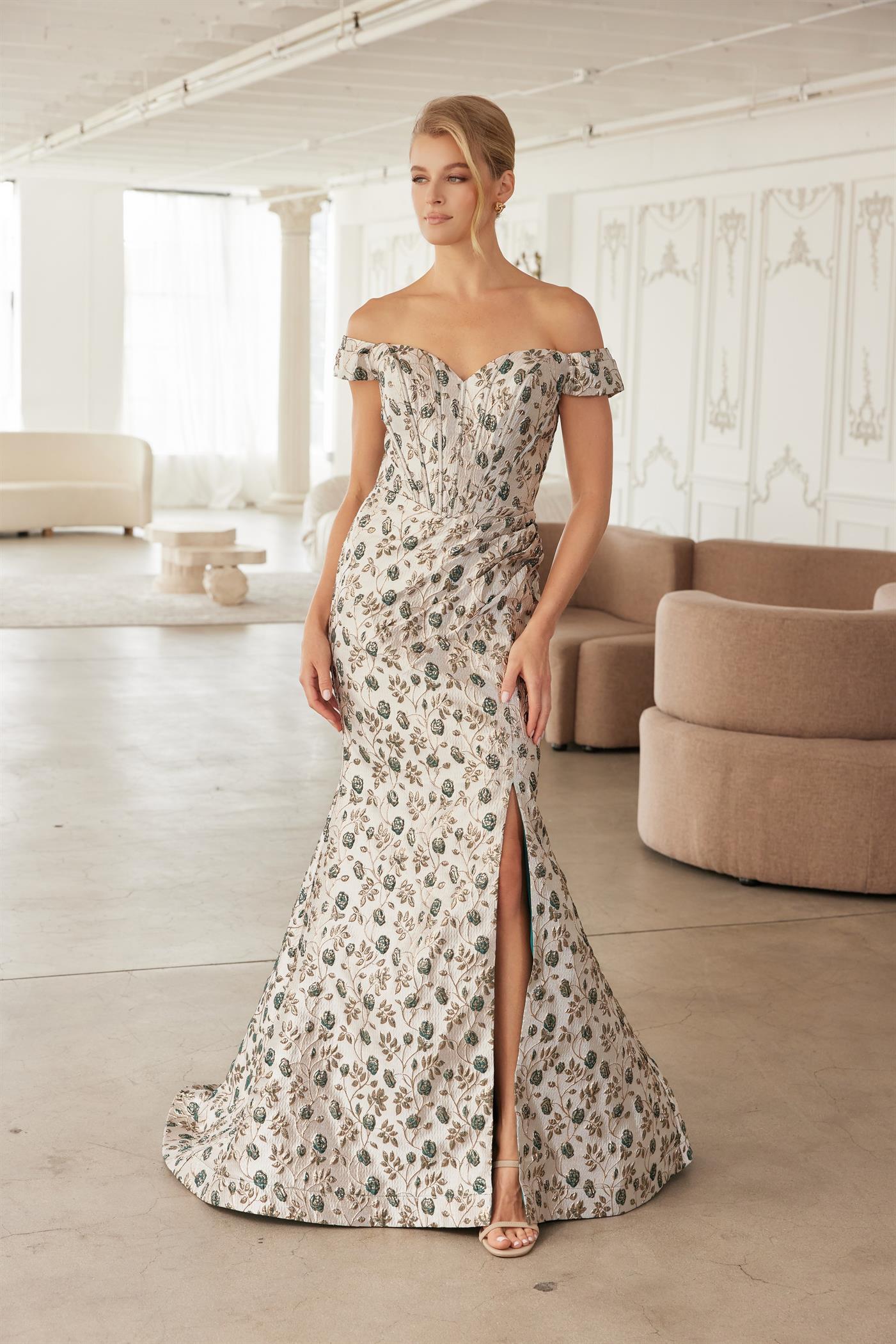 Off-Shoulder Jacquard Mermaid Gown Sweetheart Neckline Floral Evening Dress by Nox Anabel MJ142