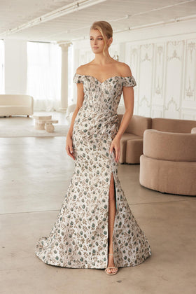 Off-Shoulder Jacquard Mermaid Gown Sweetheart Neckline Floral Evening Dress by Nox Anabel MJ142