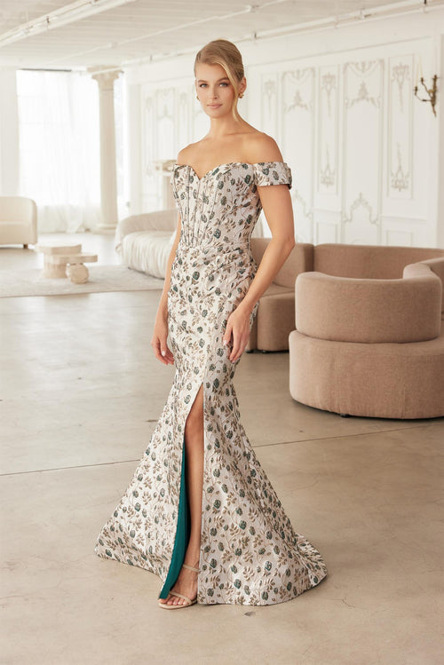 Off-Shoulder Jacquard Mermaid Gown Sweetheart Neckline Floral Evening Dress by Nox Anabel MJ142